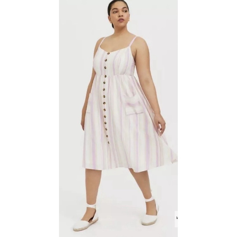 Torrid Striped Button Front Midi Dress Size 4 (26/28) Pink White Linen Blend NWT